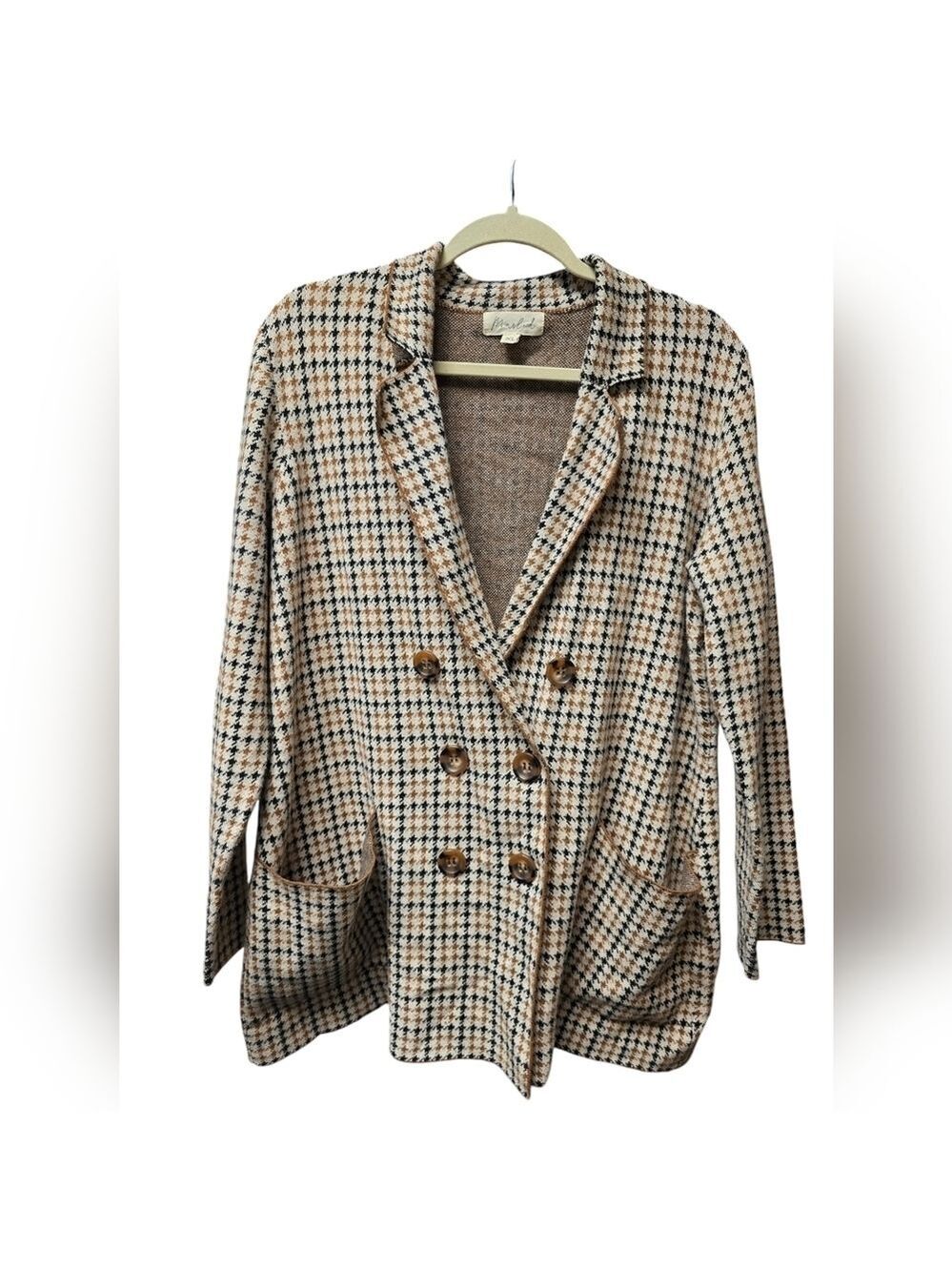 Marled Ivory Brown Black Houndstooth Double Breasted Sweater Jacket XL - Picture 2 of 11